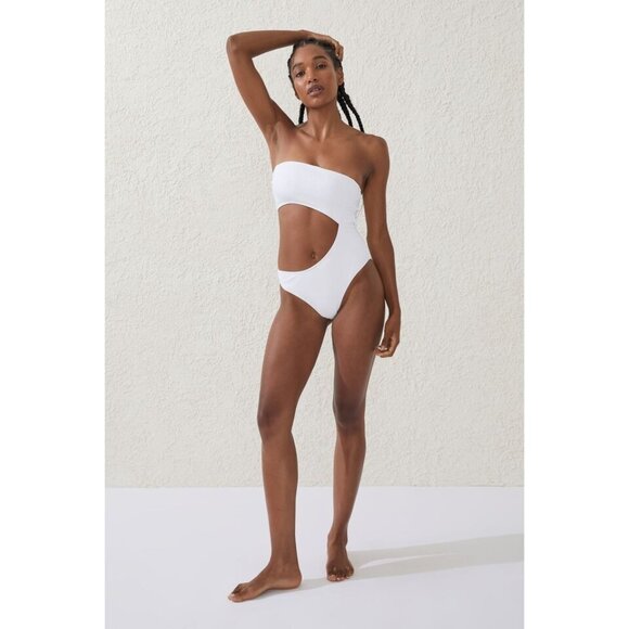 COTTON ON Women's Strapless Cutout Brazilian One-Piece Swimsuit White Ribbed - Picture 2 of 5